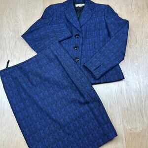 Le Suit Skirt Suit Womens 6 Blue Black Textured 2 Piece Blazer Pencil Skirt